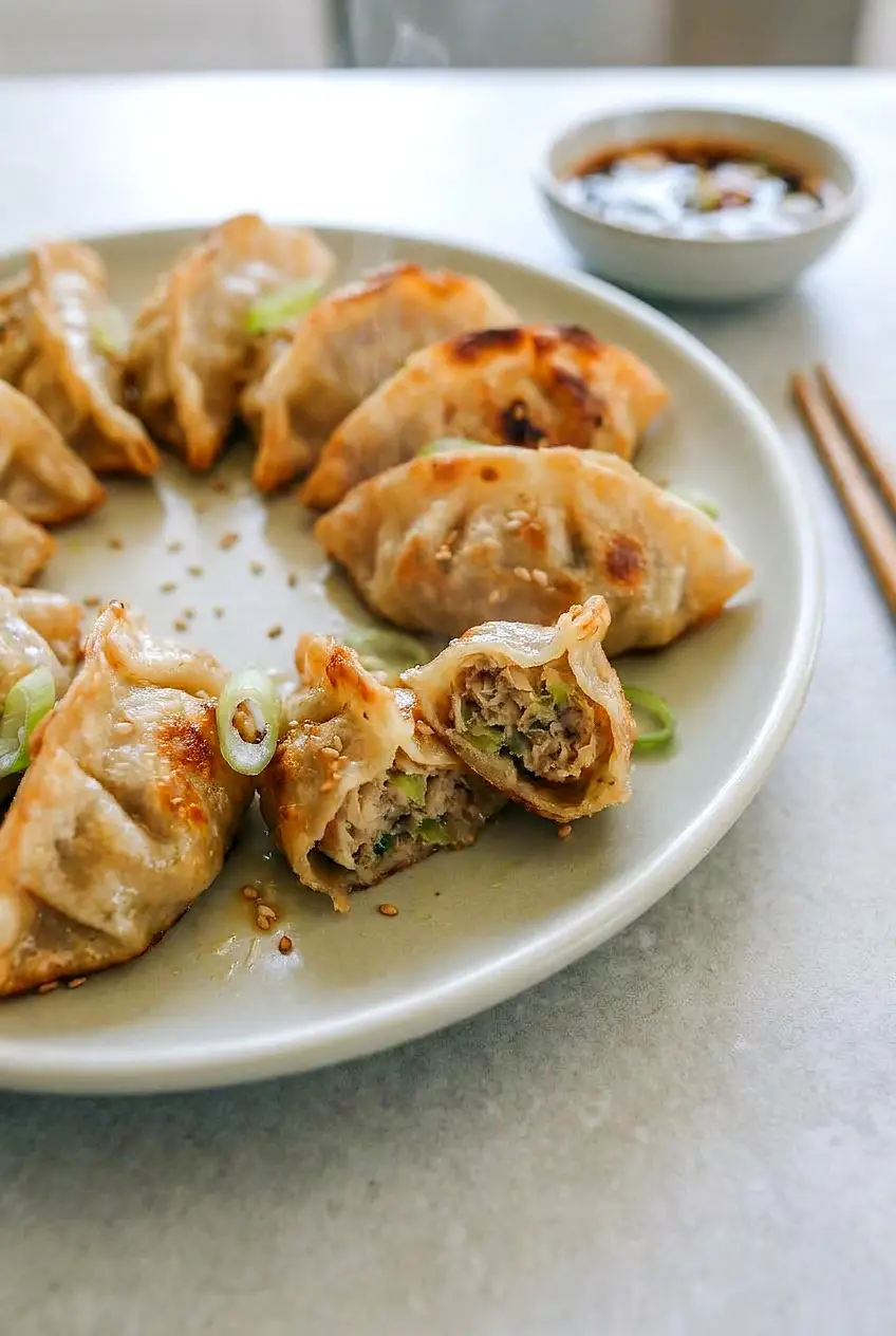 Close-up of an air fryer dumpling split open to show hot savory filling, crisp golden pleats, and tender wrapper, with dipping sauce nearby.