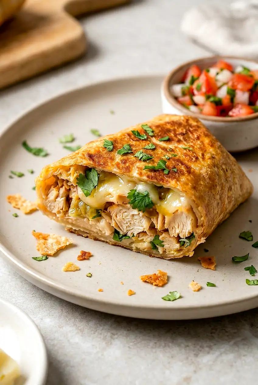 Close-up of sliced air fryer chimichanga, showing melted cheese, shredded chicken, green chiles, and a crackly crisp tortilla.