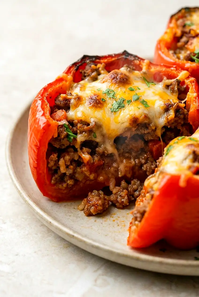 Close-up of a sliced air fryer stuffed pepper showing beef, tomato-rice filling and gooey cheese.