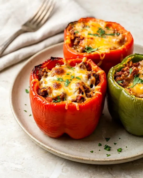 Air Fryer Stuffed Peppers with Beef, Rice and Cheese