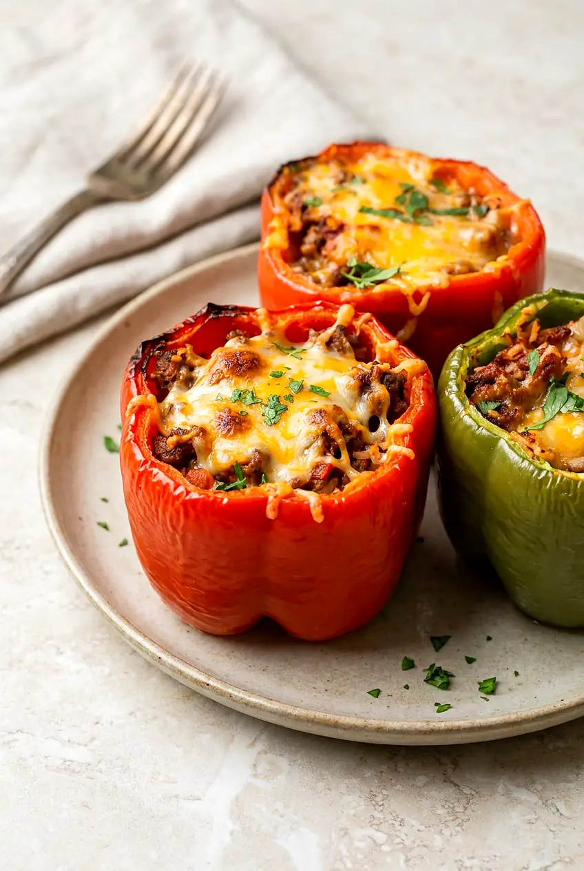 Air Fryer stuffed peppers filled with beef, tomato and rice, topped with melted Colby Jack, served on a plate.