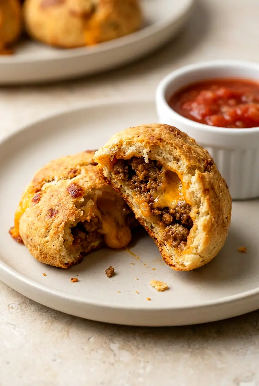 Cut-open Air Fryer Taco Bomb showing seasoned taco meat and melted cheddar inside the browned biscuit dough.