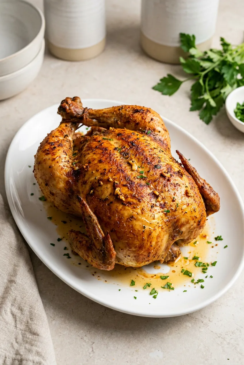 Air fryer whole chicken on a white platter, golden-brown crispy skin with herb and paprika rub, resting before carving
