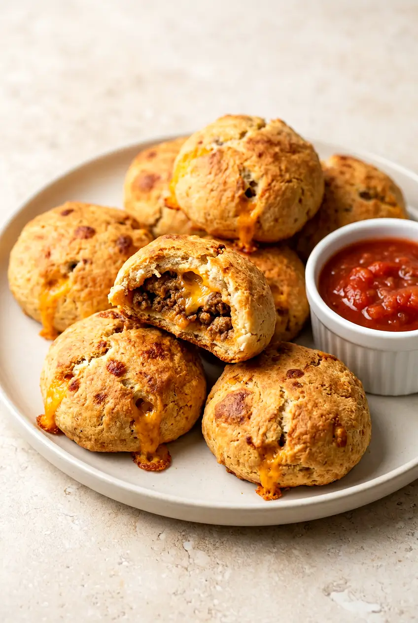 Air Fryer Taco Bombs on a plate, golden biscuit dough filled with seasoned beef and melted cheddar, served with salsa.
