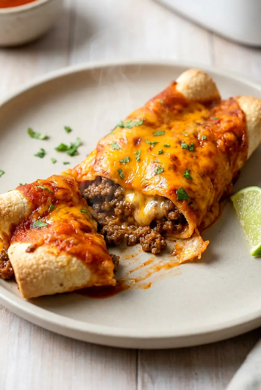 Close-up Air Fryer Enchilada cut open, showing seasoned beef and melted cheese inside, saucy top and lightly crisp tortilla edges.