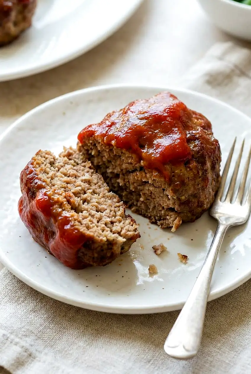 Close-up of an air fryer mini meatloaf sliced open, showing tender, juicy center and glossy ketchup-BBQ glaze.