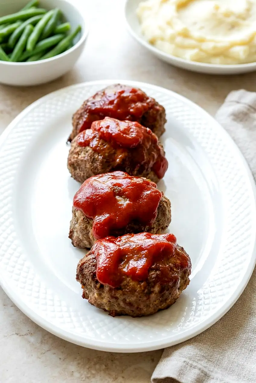 Four air fryer mini meatloaf patties on a platter, glossy ketchup-BBQ glaze and browned edges, simple sides blurred behind.
