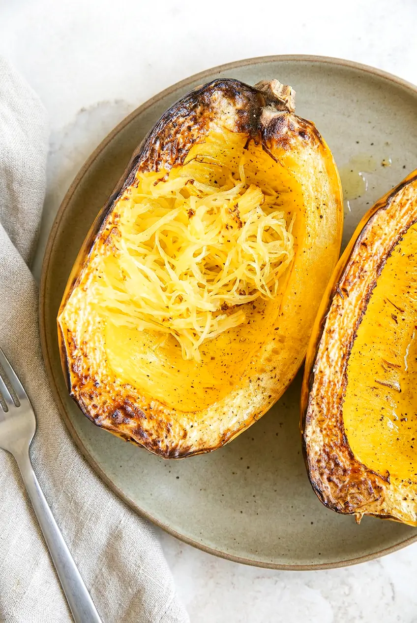 Air Fryer spaghetti squash strands fluffed in the shell with lightly browned edges, served on a neutral plate.