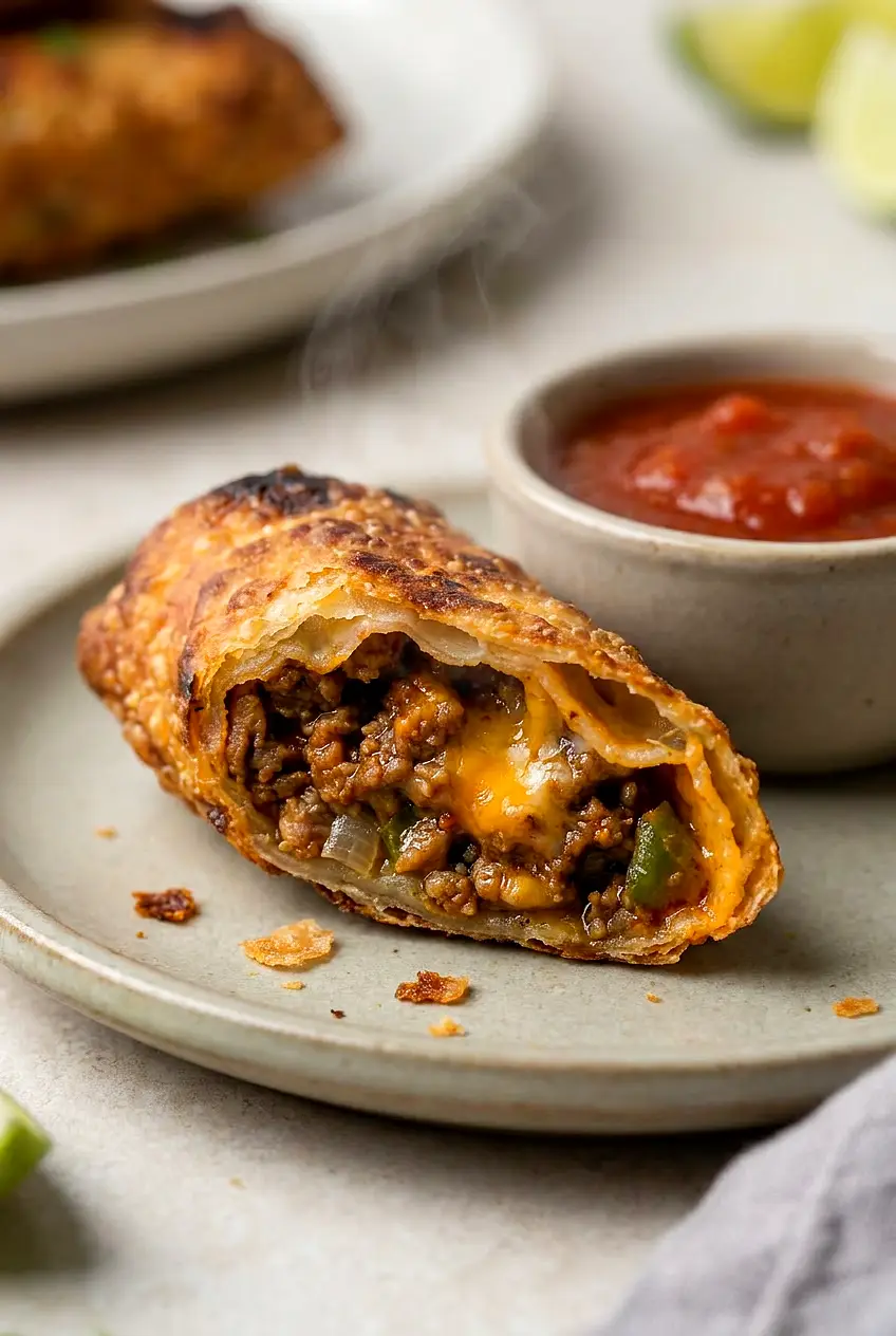Cut-open Air Fryer Taco Egg Roll showing melted cheese, taco beef, and peppers in a crisp shell.