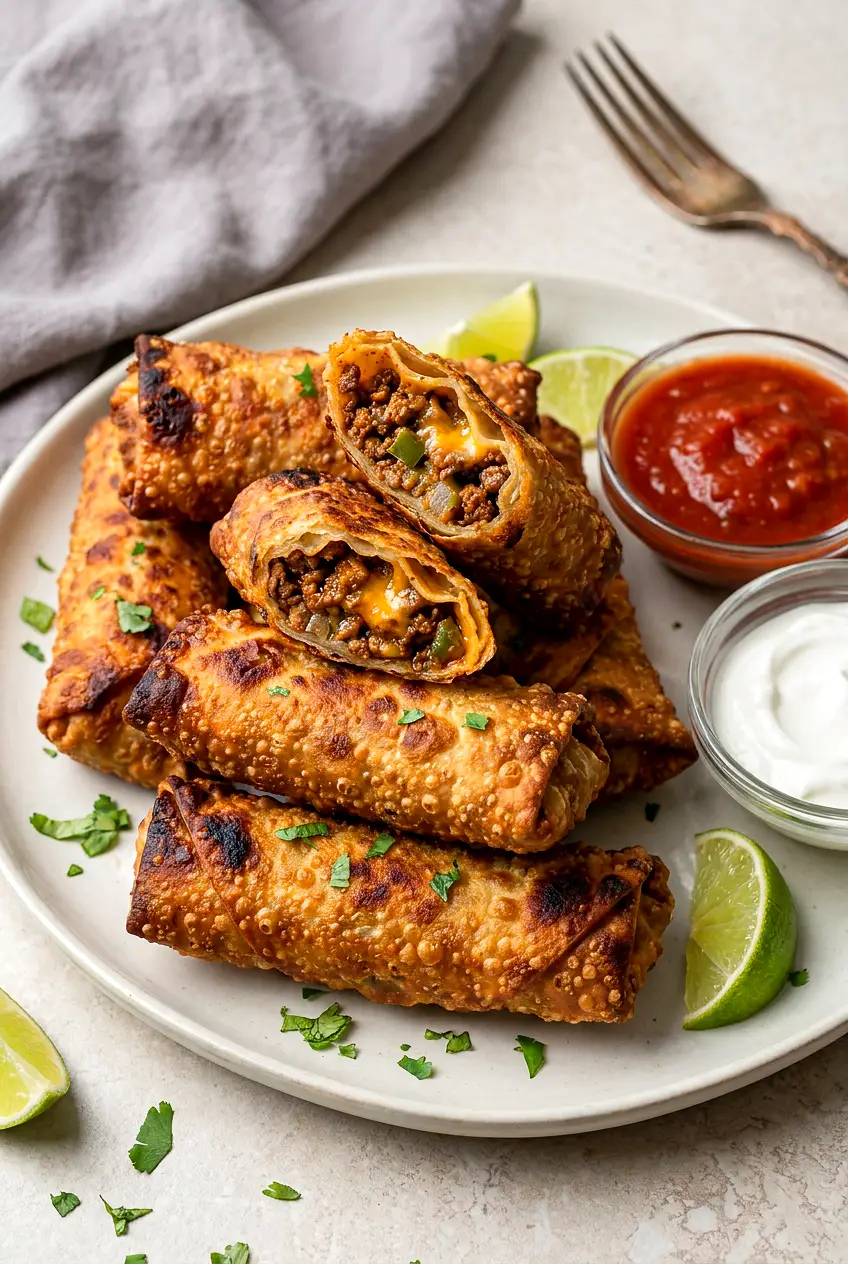 Platter of Air Fryer Taco Egg Rolls, deep golden and blistered, served with salsa and sour cream.