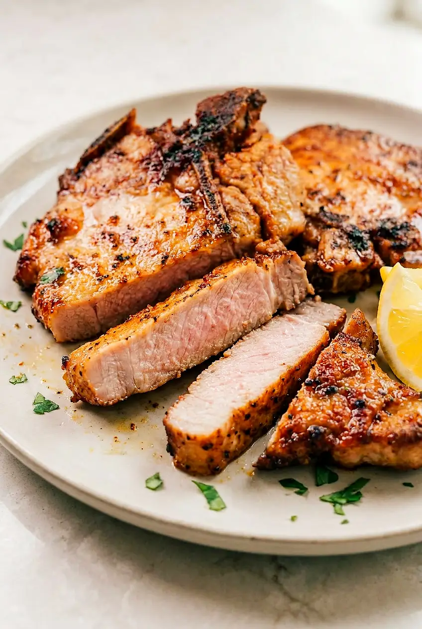 Close-up of sliced air fryer pork chop showing a juicy, faintly pink center and caramelized crust.