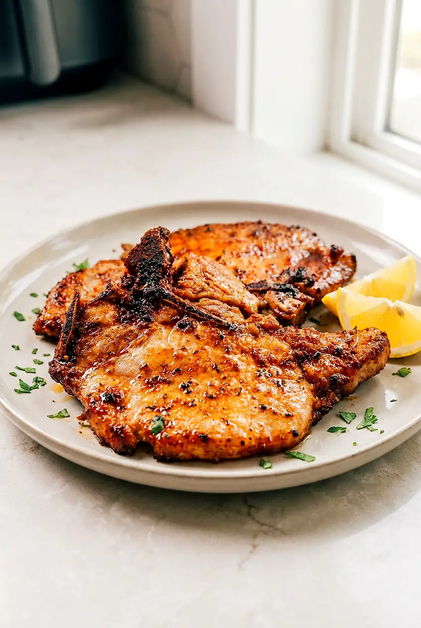 Juicy air fryer pork chops on a plate with browned, caramelized edges, sprinkled with parsley and served with lemon wedges.