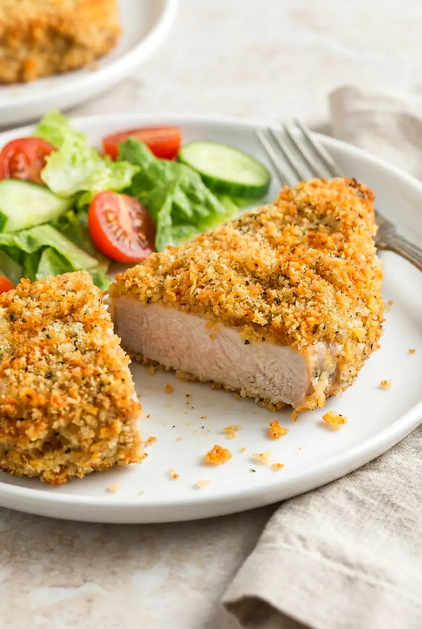 Close-up of air fryer crispy pork chop sliced to show juicy center and crunchy crumb coating; crumbs on plate.