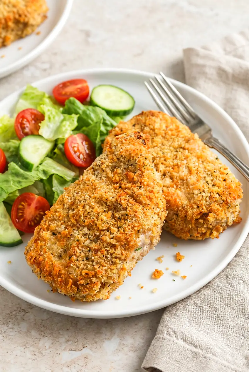 Crispy air fryer pork chops on a plate with lettuce, tomato, and cucumber salad; golden panko-cornflake crust, fork at side.