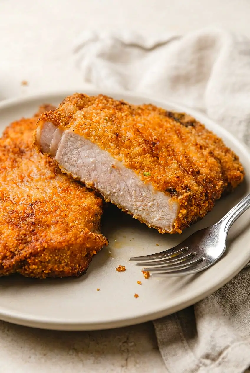 Close-up of a sliced Air Fryer Shake and Bake pork chop with juicy center and crunchy golden coating.