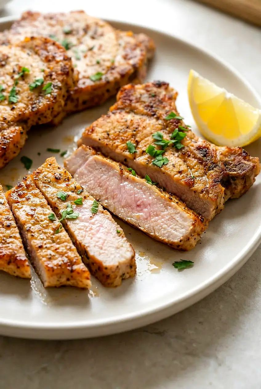 Close-up of sliced air fryer thin pork chop showing juicy interior and seasoned browned surface.