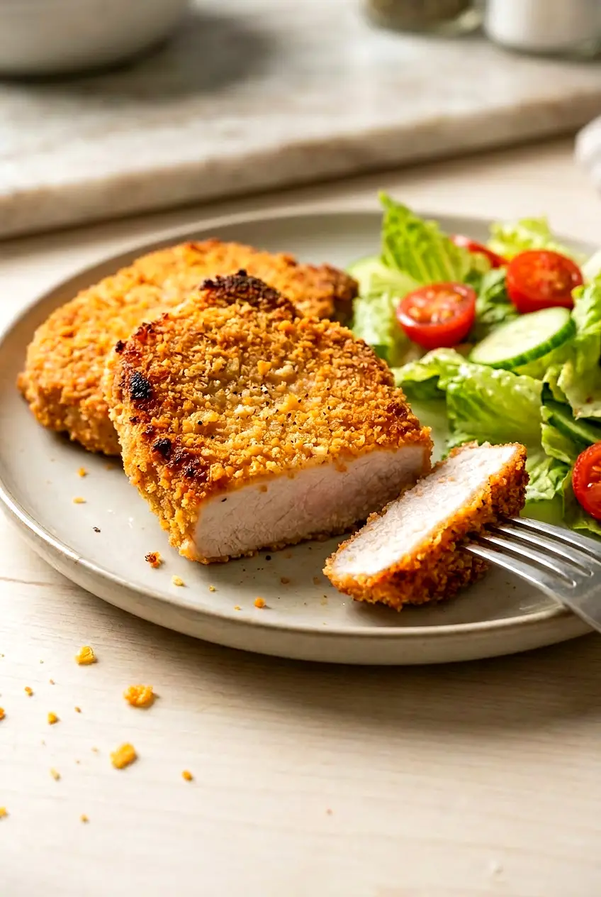 Close-up of sliced air fryer breaded pork chop showing juicy center and crunchy golden panko-cornflake crust.