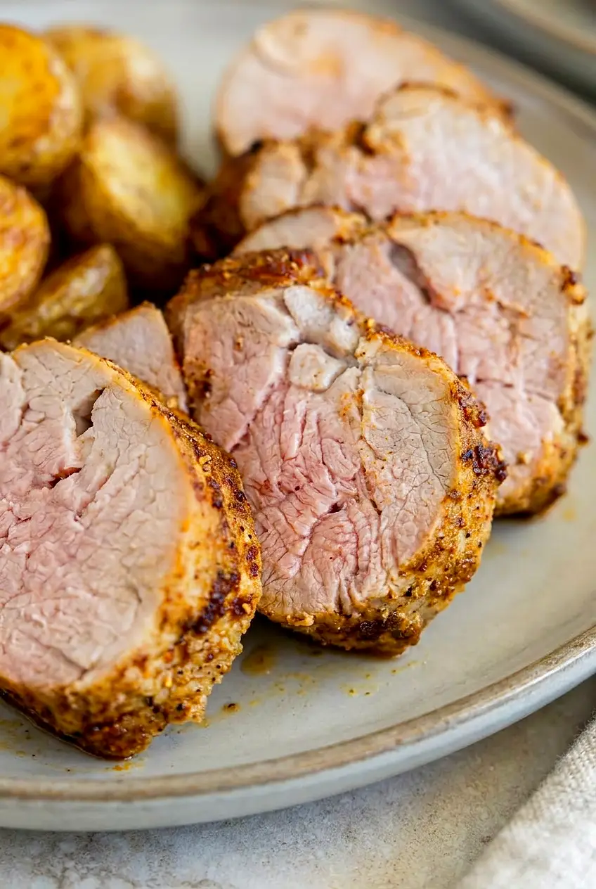 Close-up of air fryer pork tenderloin medallions showing juicy blush center and spiced, browned edges.