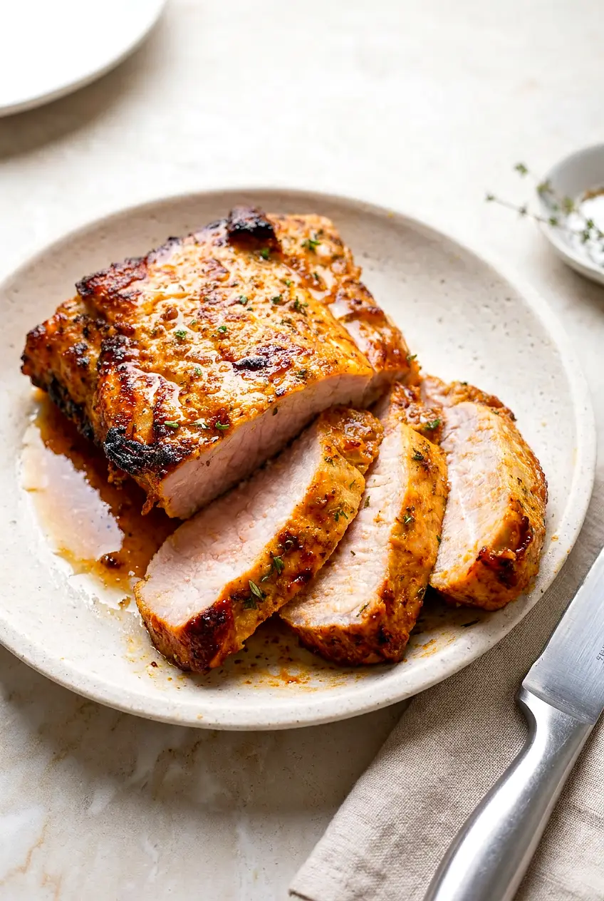 Sliced air fryer pork loin on a ceramic platter with browned crust and juicy center, resting juices spooned over.