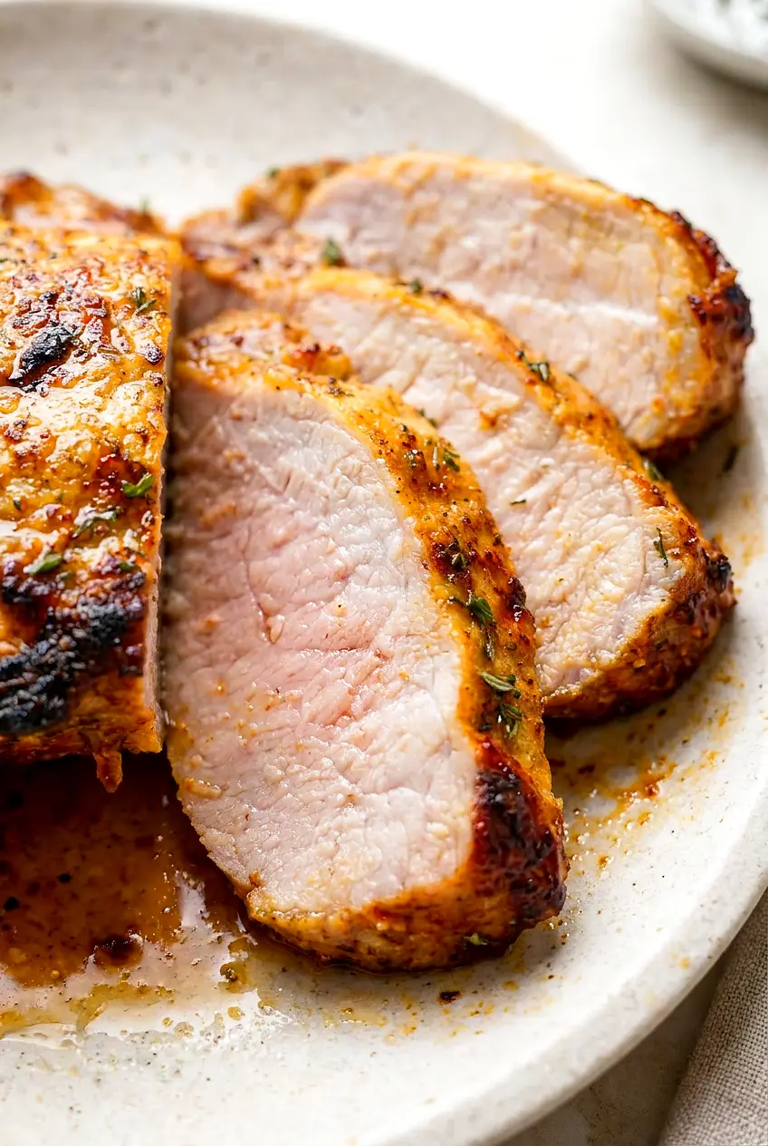 Close-up of sliced air fryer pork loin showing a juicy blush center and caramelized paprika-garlic crust.