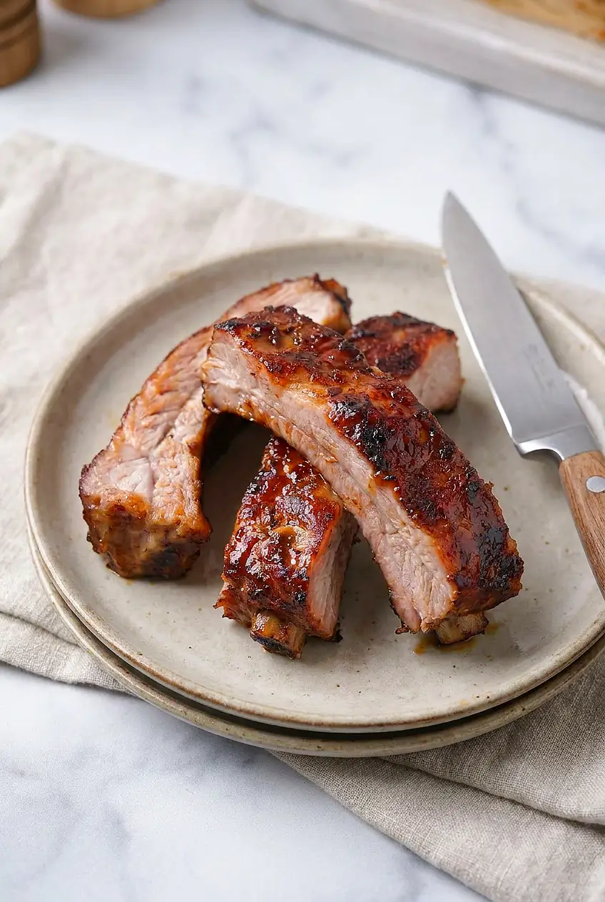 Close-up of air fryer pork ribs showing juicy meat and a sticky, caramelized BBQ glaze.