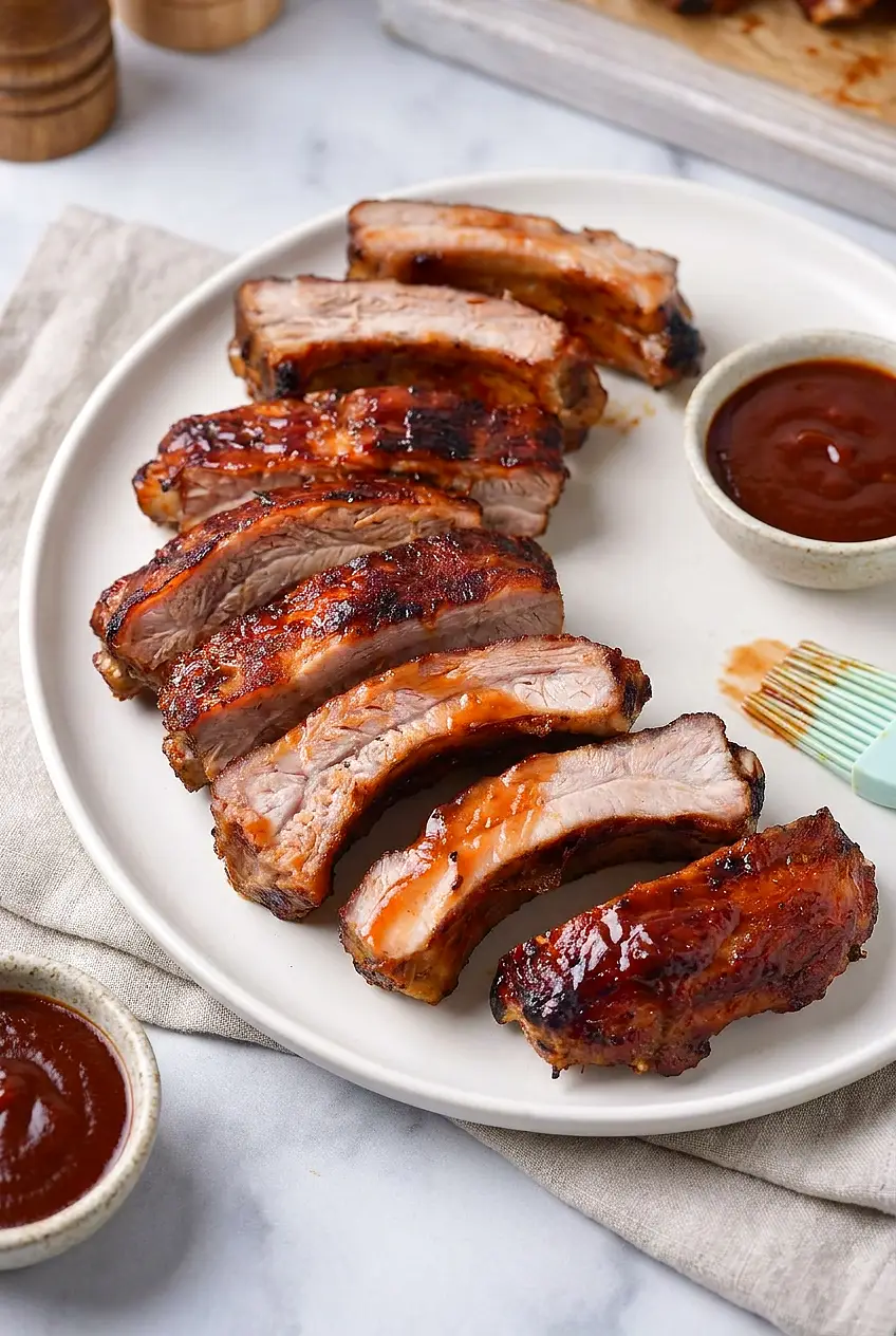 Platter of air fryer pork ribs, sliced and glazed with sticky BBQ sauce, caramelized edges, slight pullback from the bones.