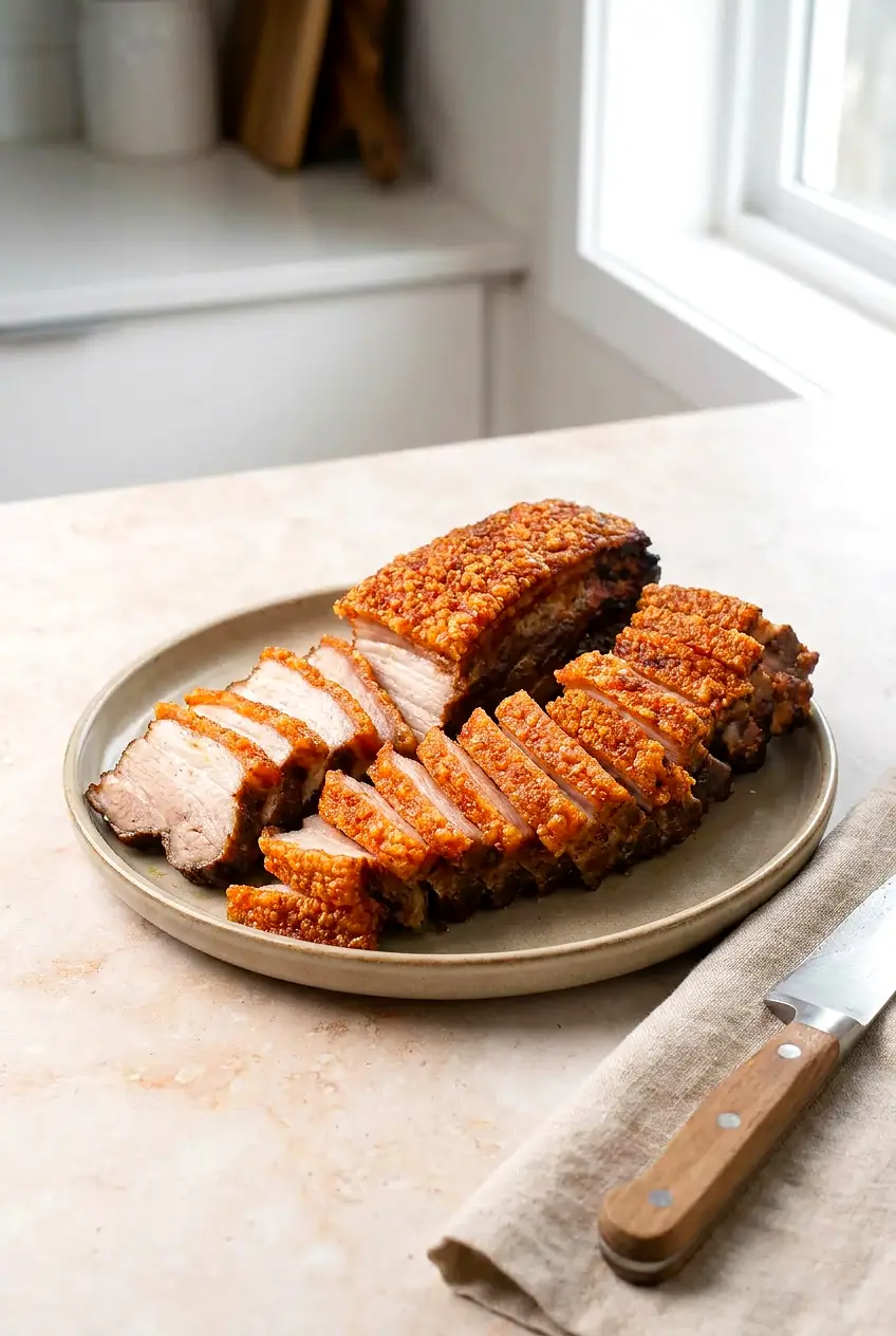 Sliced air fryer pork belly on a ceramic plate with blistered, deep golden crackling and juicy layers.