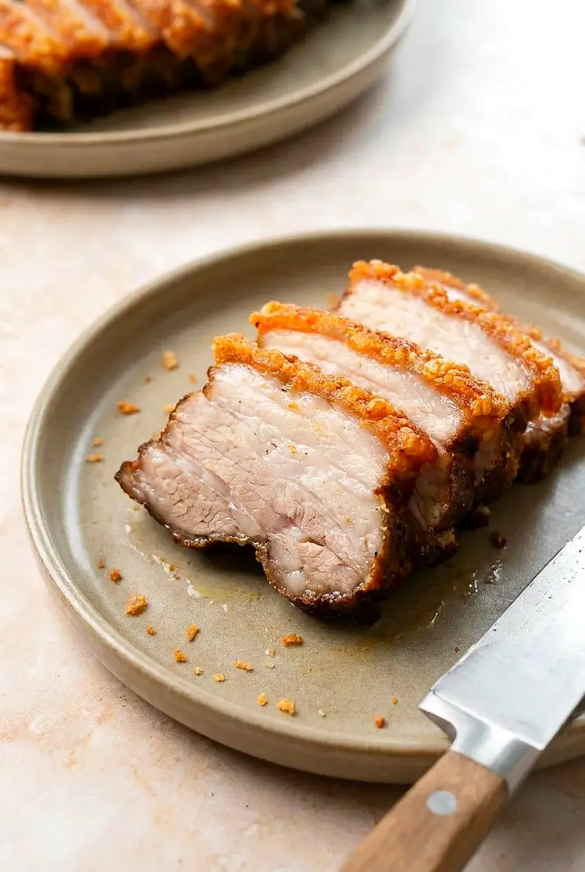 Close-up of air fryer pork belly showing shatteringly crisp crackling and tender, juicy layers of meat and fat.