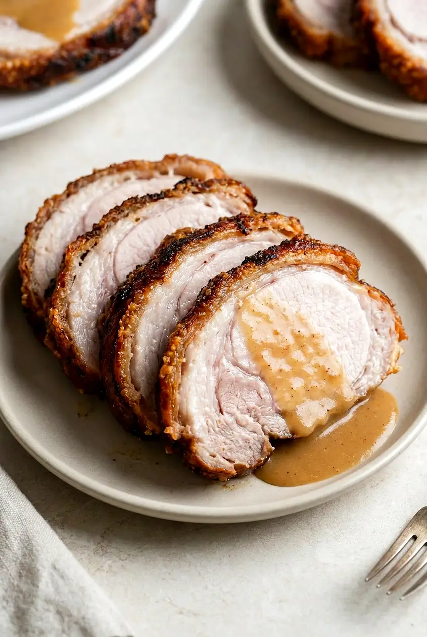 Close-up of sliced air fryer pork roast showing juicy, faint-blush center and a well-seasoned, caramelized crust.