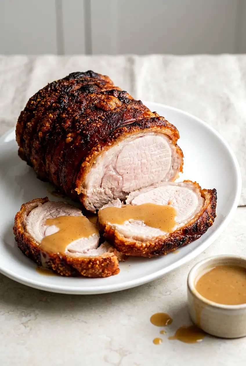 Sliced air fryer pork roast (pork loin) with caramelized brown sugar–mustard crust, served on a platter with a light gravy drizzle.