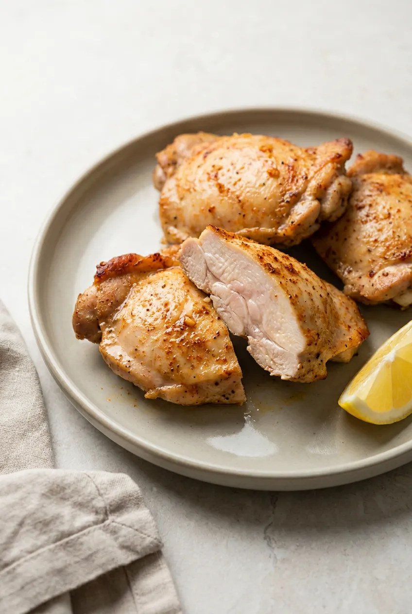 Air fryer boneless skinless chicken thighs, lightly browned and juicy, sliced on a plate with a lemon wedge and dry rub seasoning.