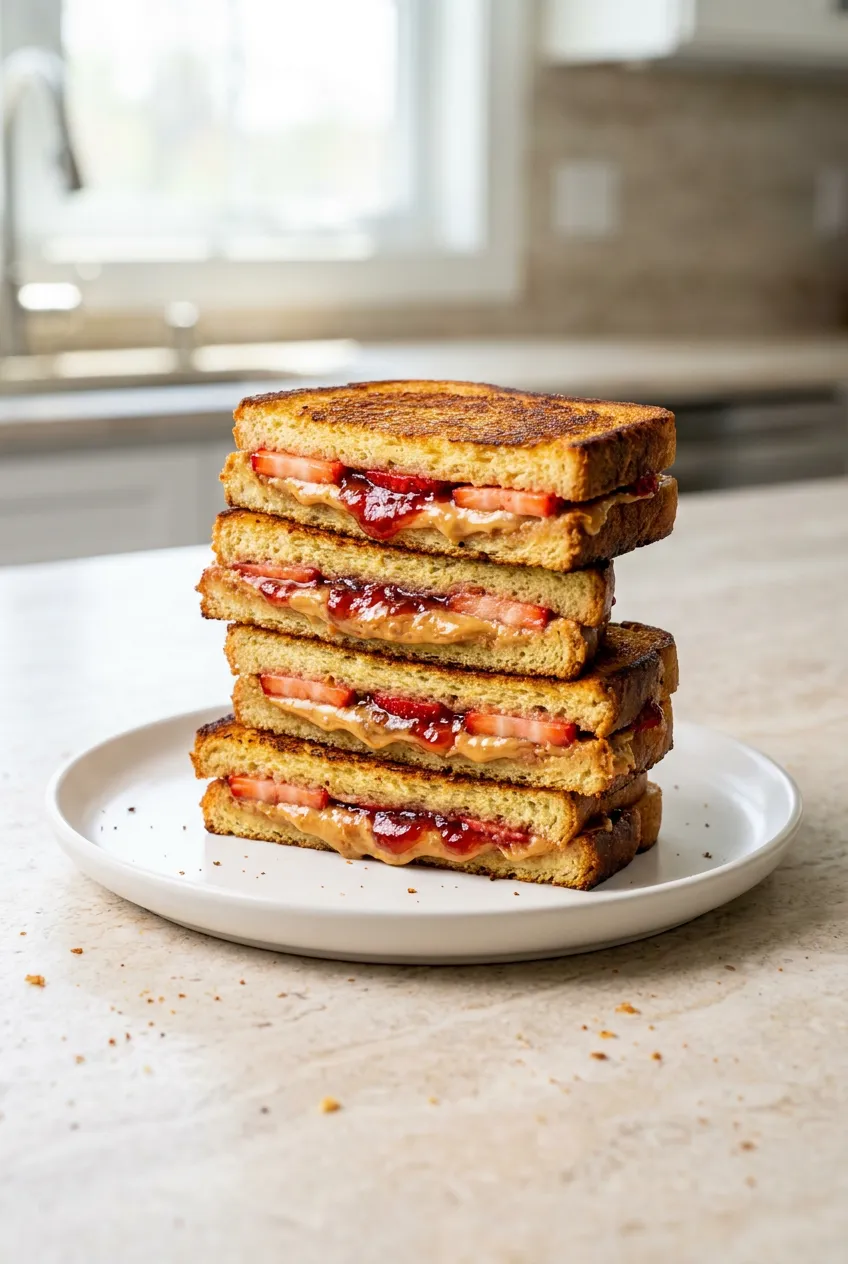 Air fryer peanut butter and jelly halves stacked, golden-brown with crisp edges, showing strawberry jam and peanut butter.
