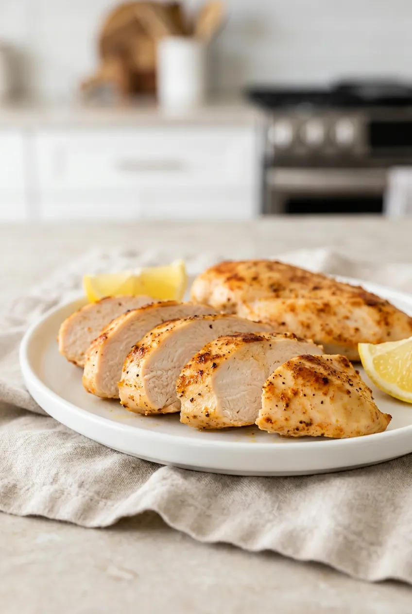 Air fryer frozen chicken breast sliced on a white plate with light browning, paprika-garlic seasoning, and a juicy interior.
