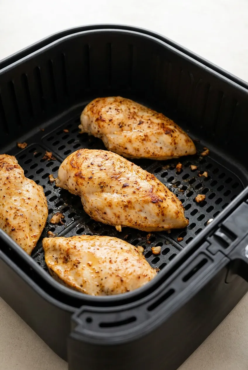 Air fryer frozen chicken breasts with light browning and visible seasoning inside a black air fryer basket, ready to serve.
