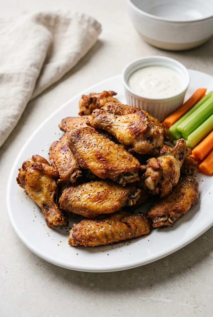 Air fryer frozen chicken wings piled on a platter, browned and crisp, with ranch and celery sticks