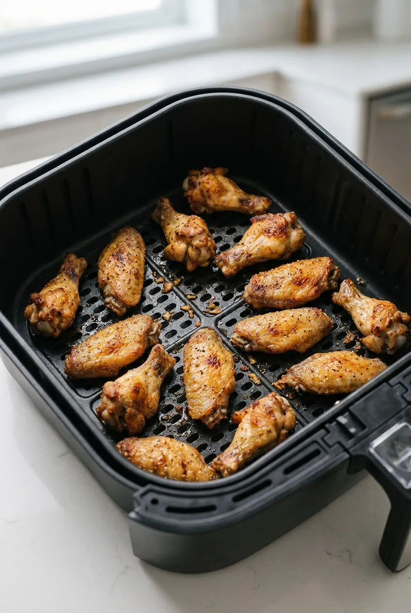 Air fryer frozen chicken wings with golden, crisp skin inside a black basket