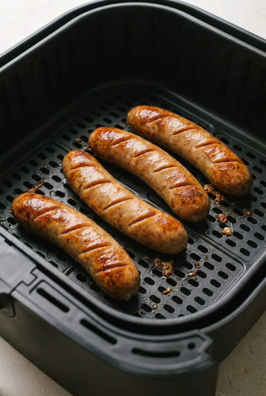 Air fryer chicken sausage with browned, lightly blistered casings inside a black air fryer basket