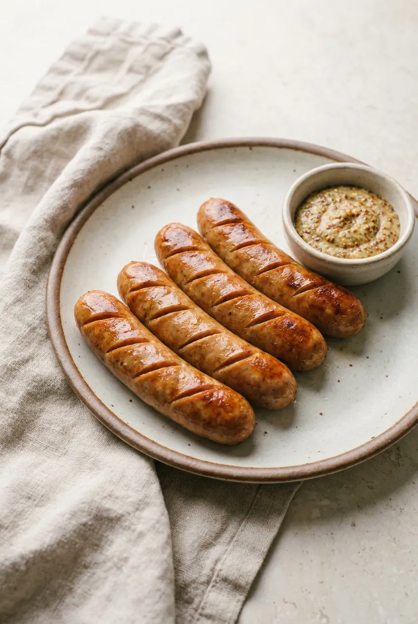Air fryer chicken sausage links, browned and lightly blistered, served on a plate with mustard