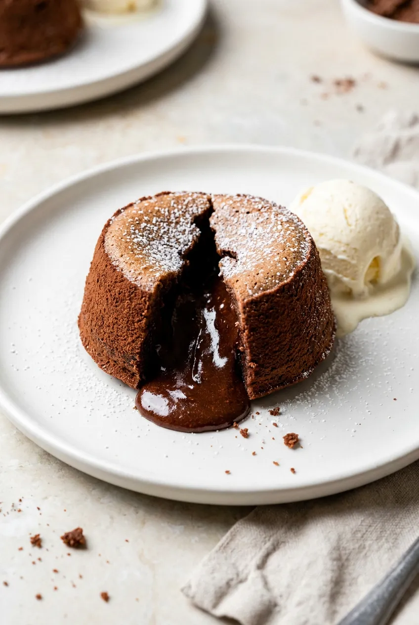 Air Fryer lava cake cut open on a plate with molten chocolate center and vanilla ice cream, dusted with powdered sugar