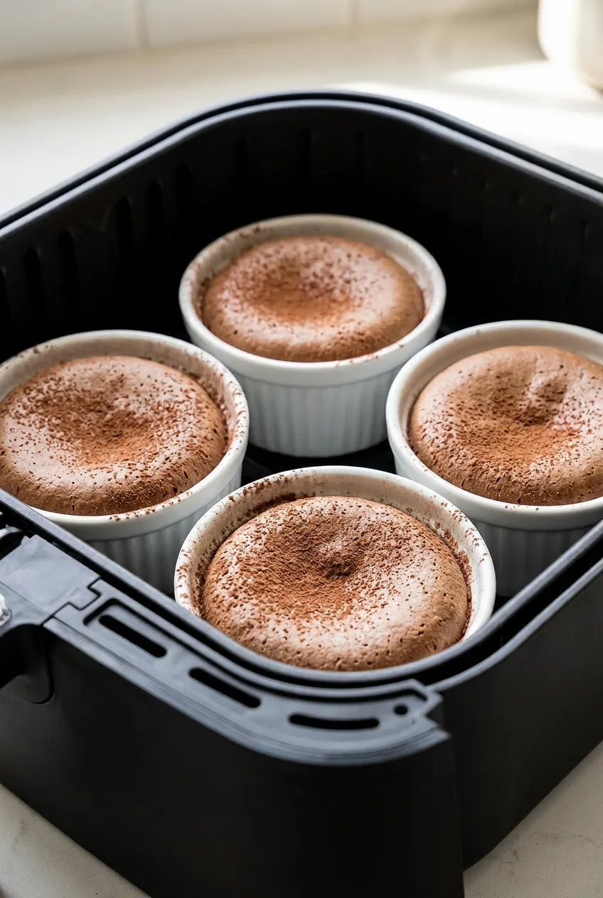 Air fryer lava cakes in white ramekins with matte tops and set edges inside a black air fryer basket