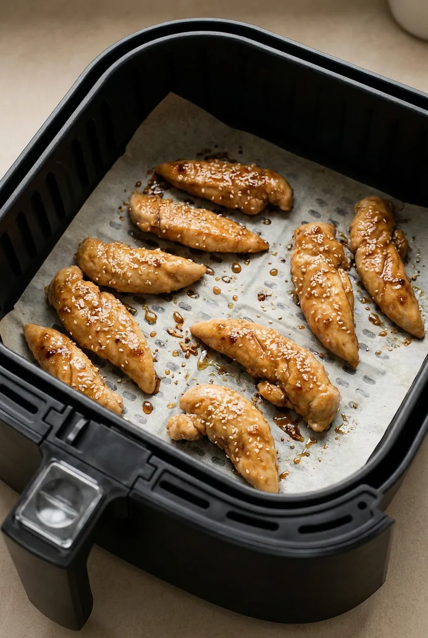 Air Fryer honey garlic chicken tenders in a black air fryer basket, glossy glaze and browned edges