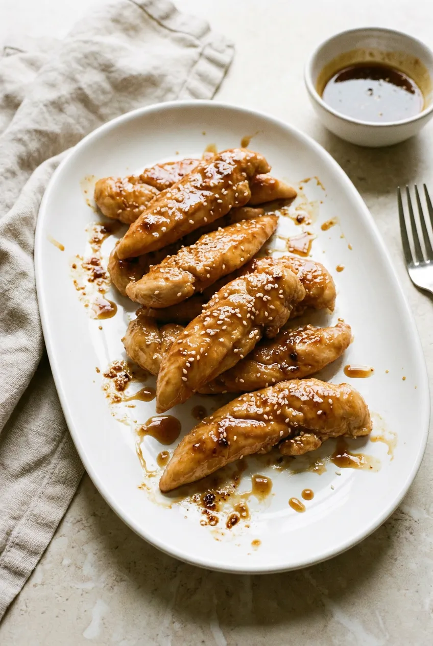 Air Fryer honey garlic chicken tenders on a white platter, lightly browned and glazed, sprinkled with sesame seeds