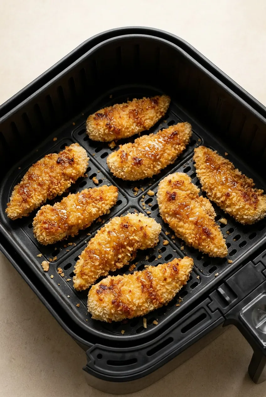 Air fryer honey garlic chicken tenders in a black basket, golden panko coating with a set, shiny glaze and a few crumbs.