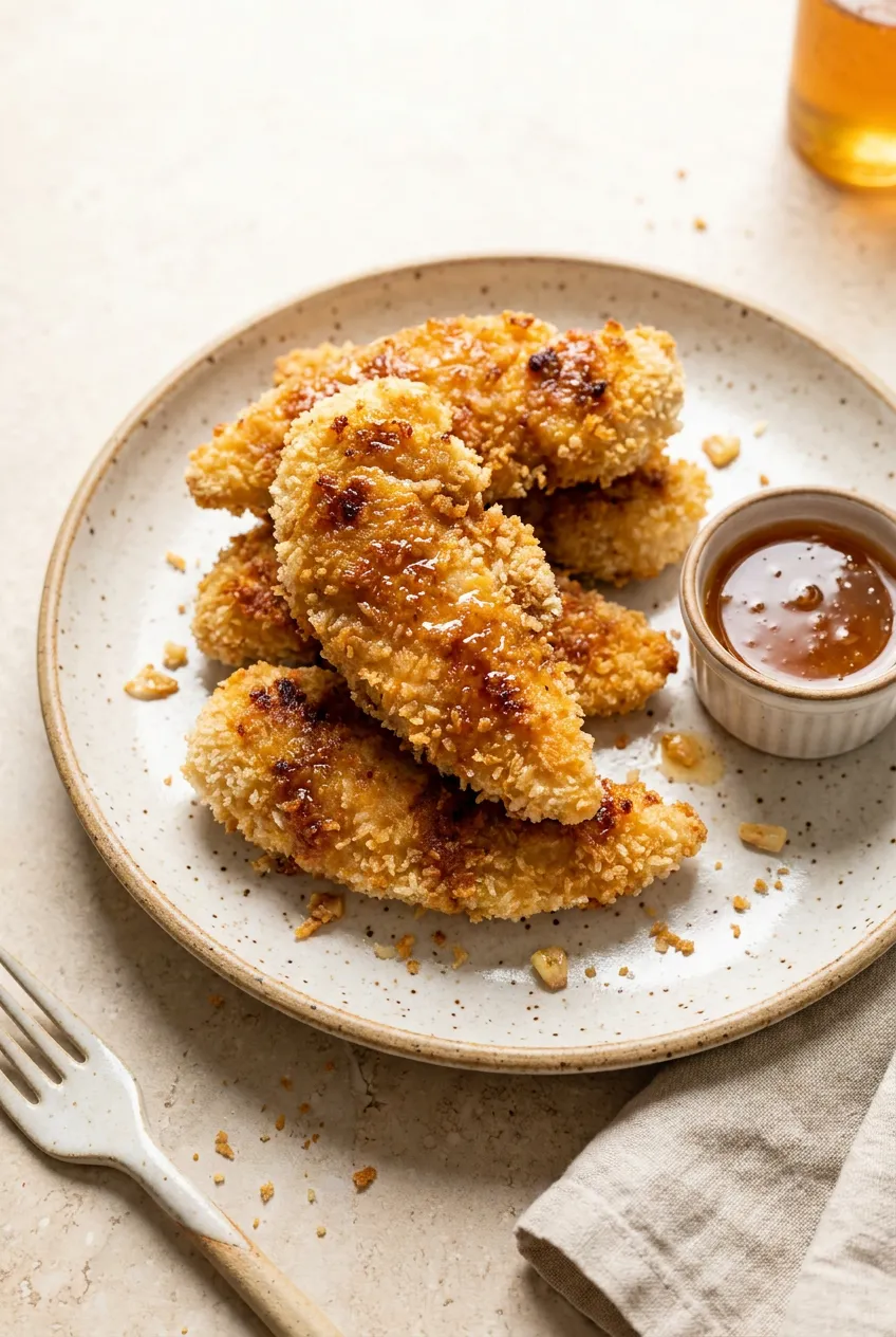 Crispy air fryer honey garlic chicken tenders on a plate with golden panko and a thin brushed glaze.