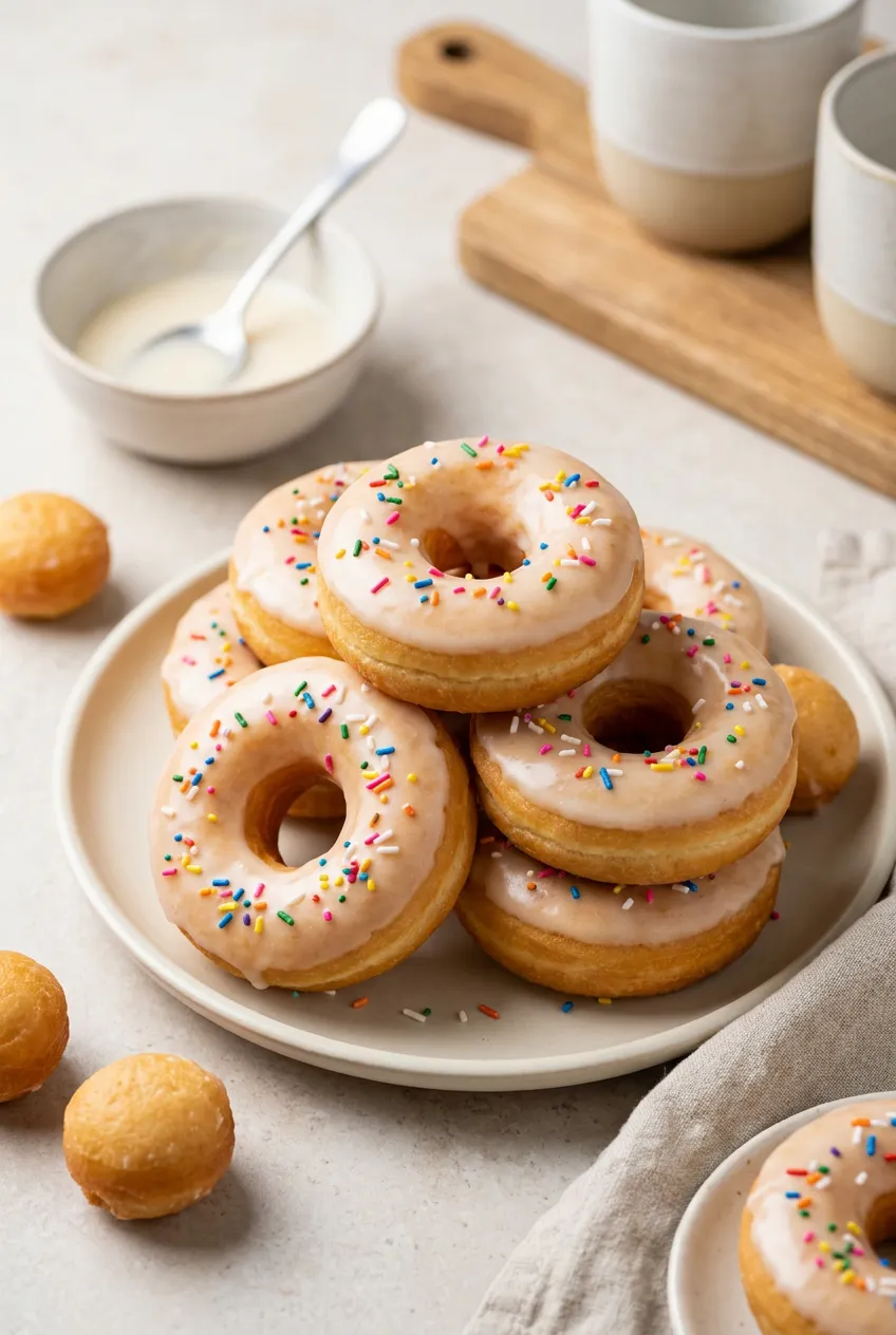 Lightly golden air fryer yeast donuts with vanilla glaze and a few rainbow sprinkles stacked on a white plate
