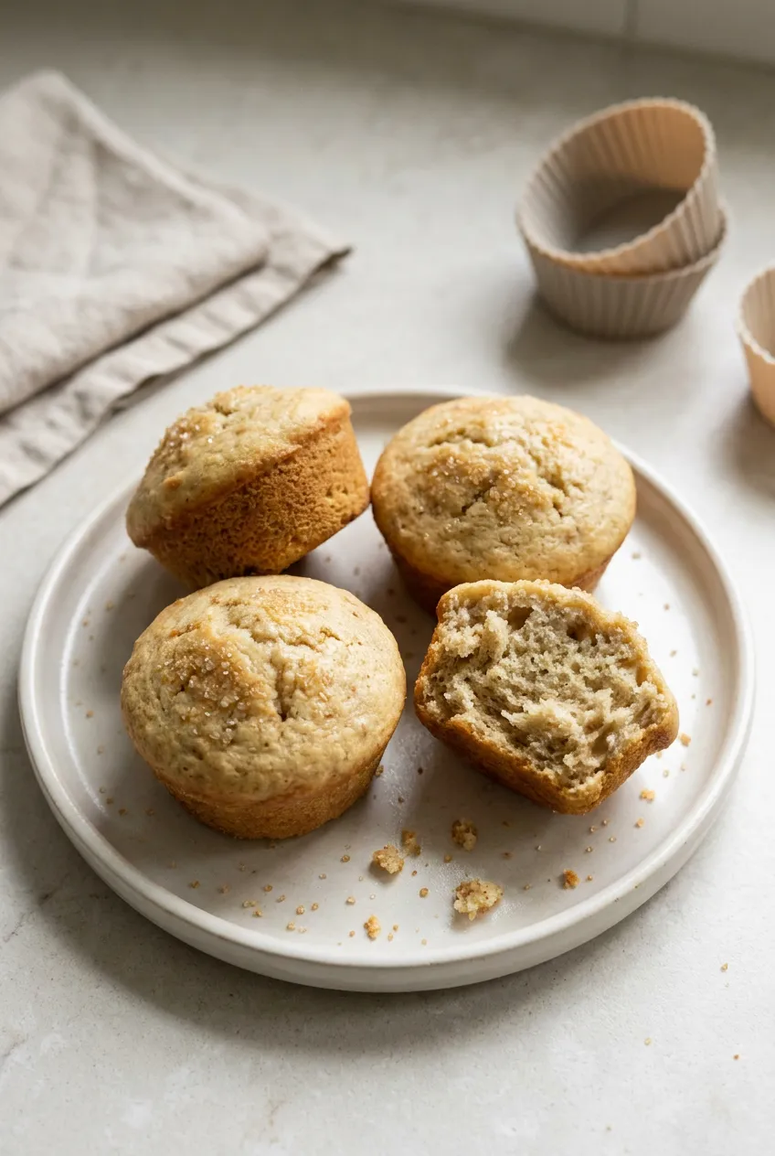 Air fryer banana muffins with domed, lightly golden tops on a neutral plate, one split open to show a moist banana crumb