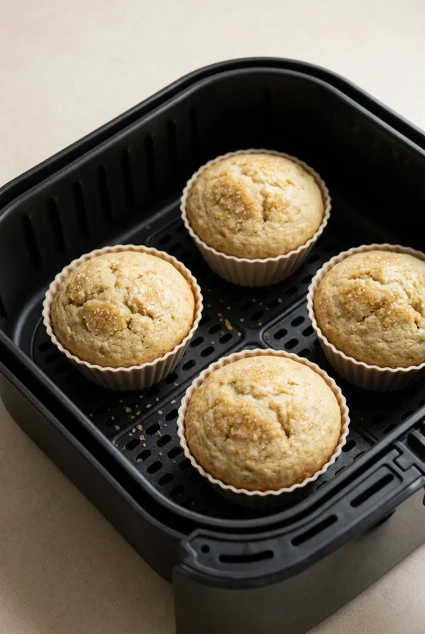Air fryer banana muffins with golden domed tops in silicone cups inside a black air fryer basket