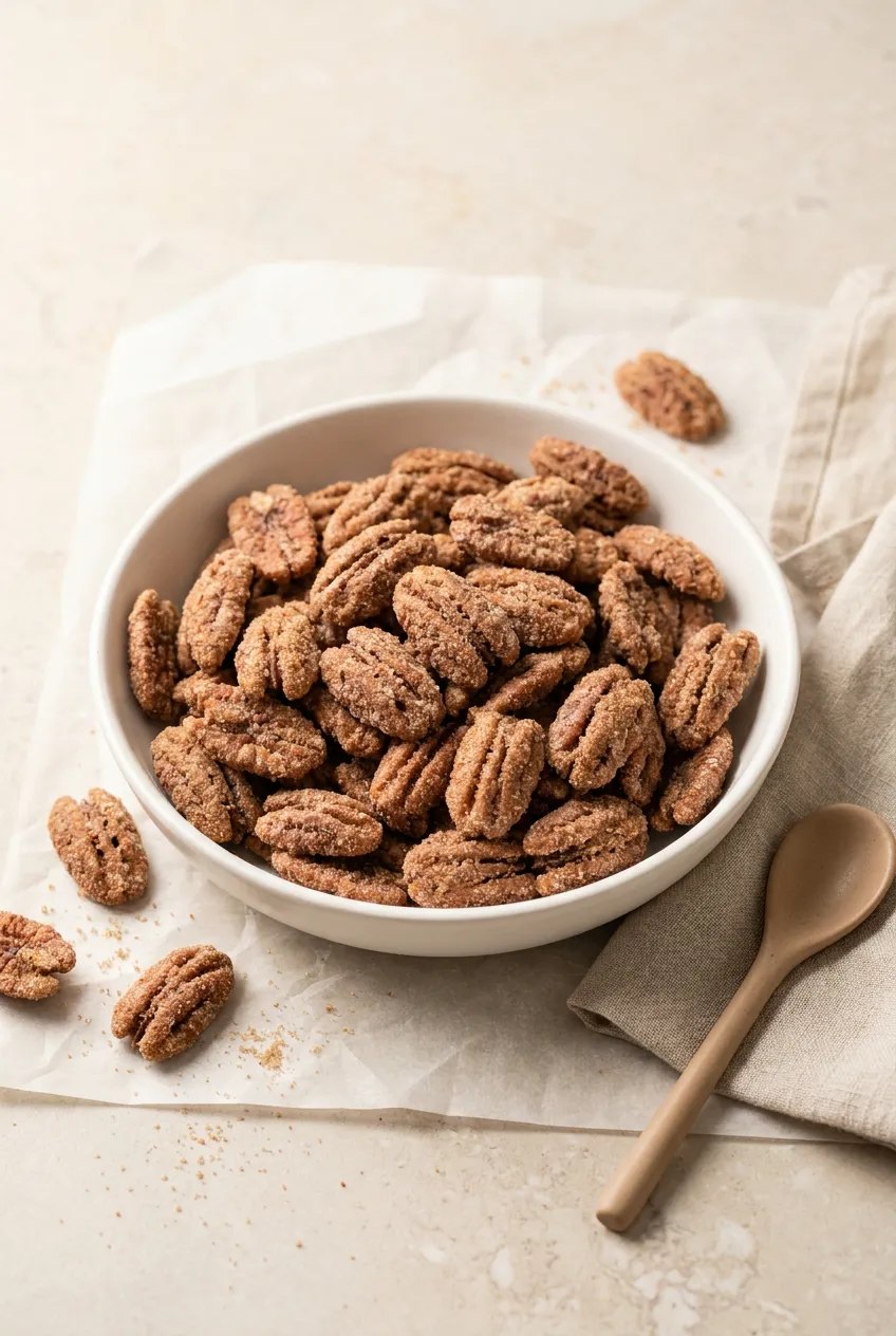 Air fryer sugared pecans in a white bowl on parchment, medium-brown with a crisp cinnamon-sugar coating