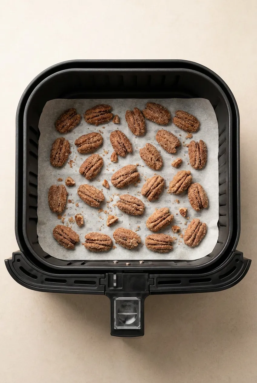Air fryer sugared pecans on a perforated liner in a black basket, medium-brown with a dry, crisp cinnamon-sugar coating