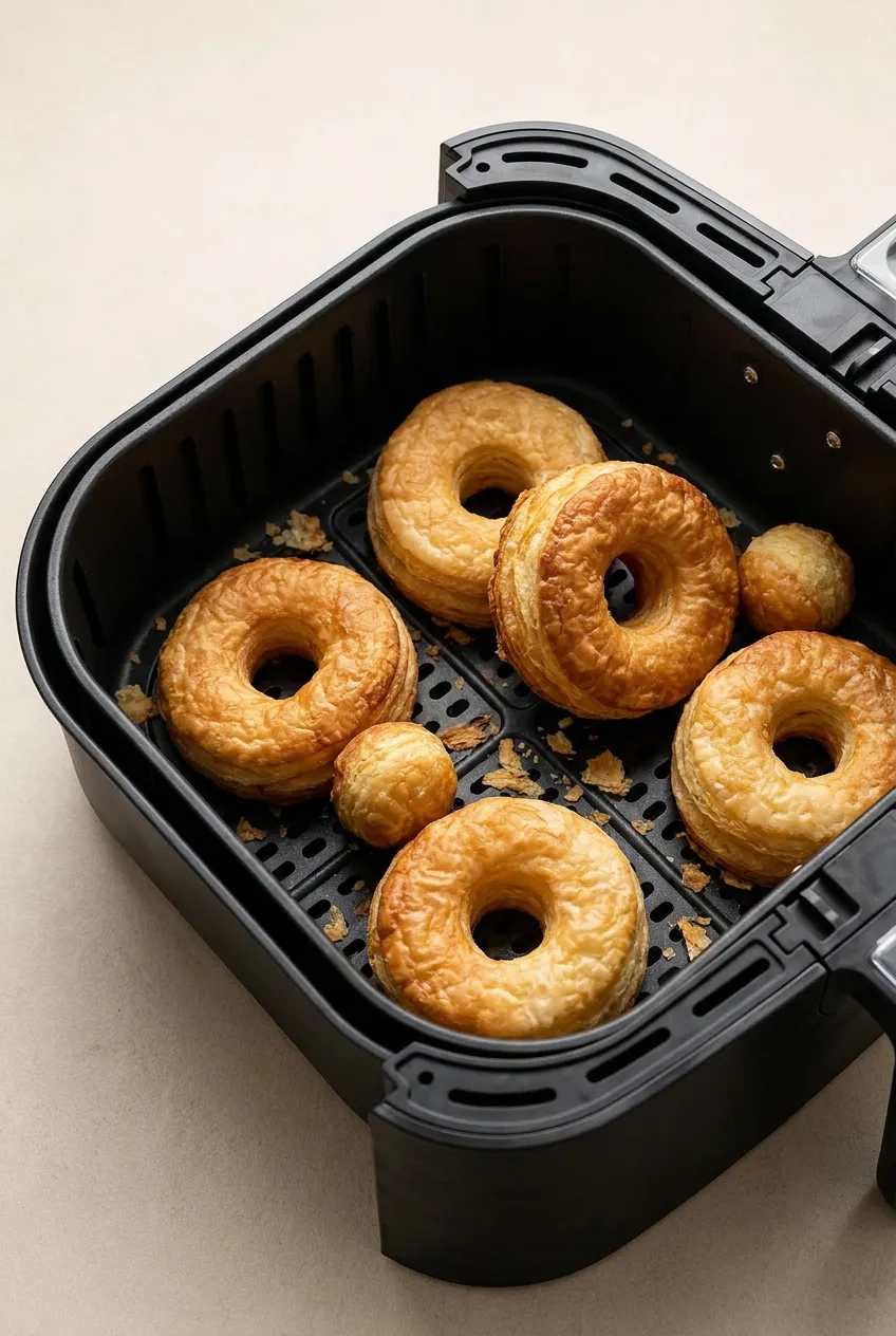 Golden puff pastry air fryer donuts with puffed layers inside a black air fryer basket.